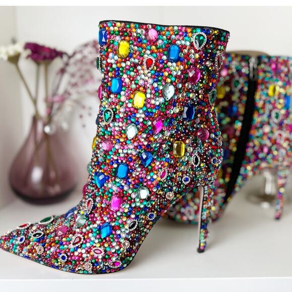 Akira Azalea Wang Poppy Multi Jeweled Stiletto Heel Ankle Booties Size 12 NWT - Picture 4 of 16